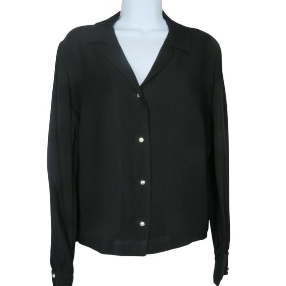 Vintage 70s Koret of California Black Button Up Blouse M Crystal Buttons Retro - Picture 2 of 12